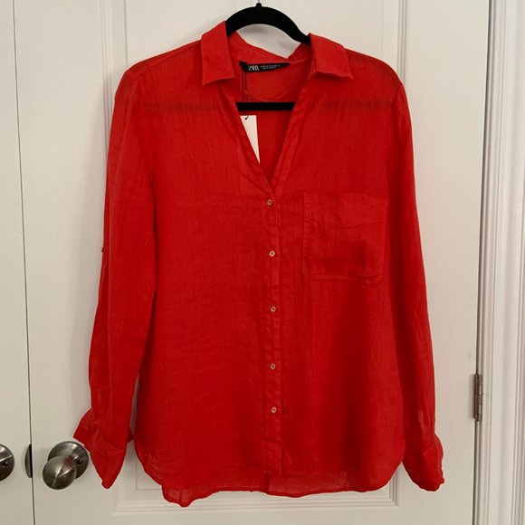 Zara 100% Linen V-Neck Button-up Pockets Long Convertible Sleeve Shirt Size M - Picture 2 of 11